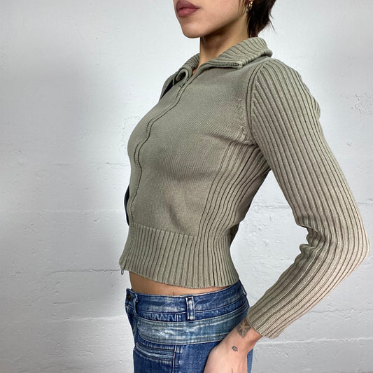 Vintage 2000's Grunge Khaki Zip Up Sweater with Knitted Material (S)