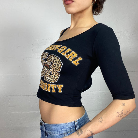 Vintage 2000's Scary Spice Black One Shoulder Top with Cheetah "Trendy-Girl 58 University" Print (S)