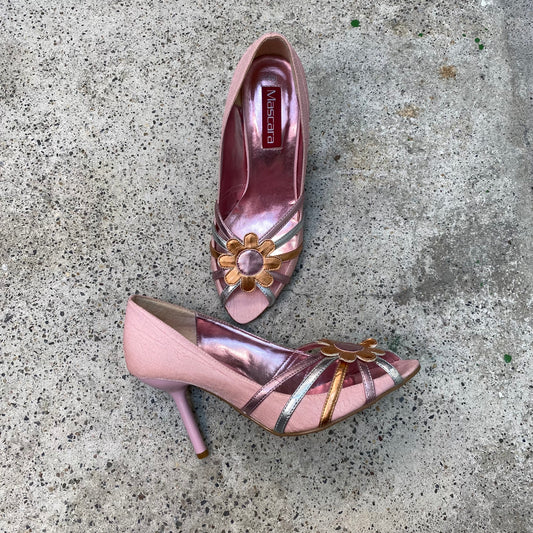 Vintage 2000's Night Out Pink Shimmery Pumps with Flower Detail (40)