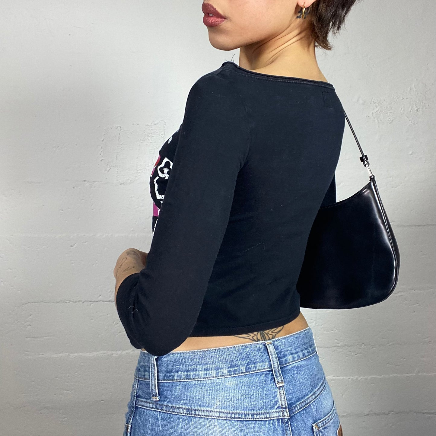 Vintage 2000's Scary Spice Black Longsleeve Top with Fuchsia Eyes and "The Look of Love" Print (S)