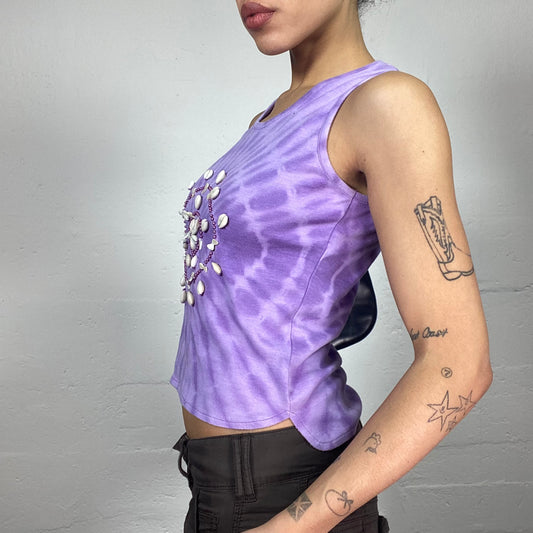Vintage 2000's Surfer Girl Purple Tie Dye Top with Seashells Embroidery Detail (S)