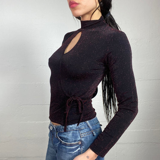 Vintage 2000's Clubwear Deep Garnet Longsleeve Top with Glitter Covering Material and Open Chest Detail (S)