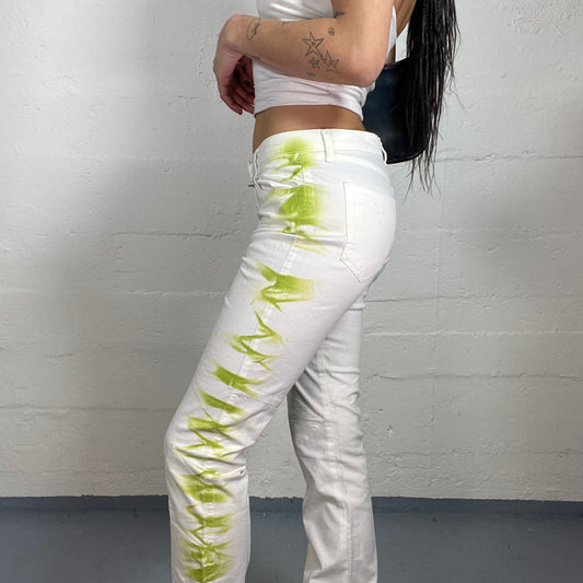 Vintage 2000's Funky White Denim High Waist Pants with Neon Green Painted Sides Detail (S)