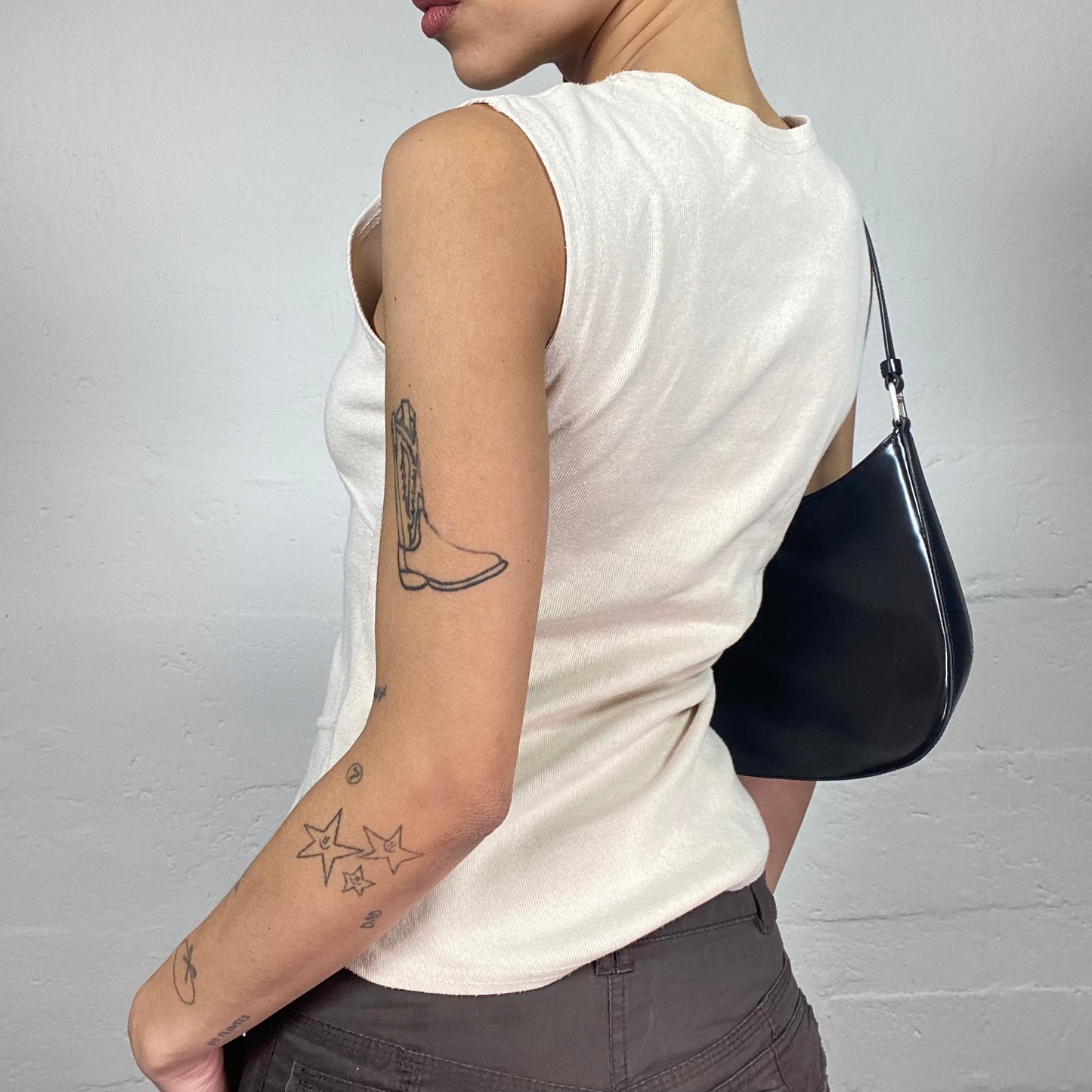 Vintage 2000's Downtown Girl Beige Top with Lace Up Corset Waist Detail (M)