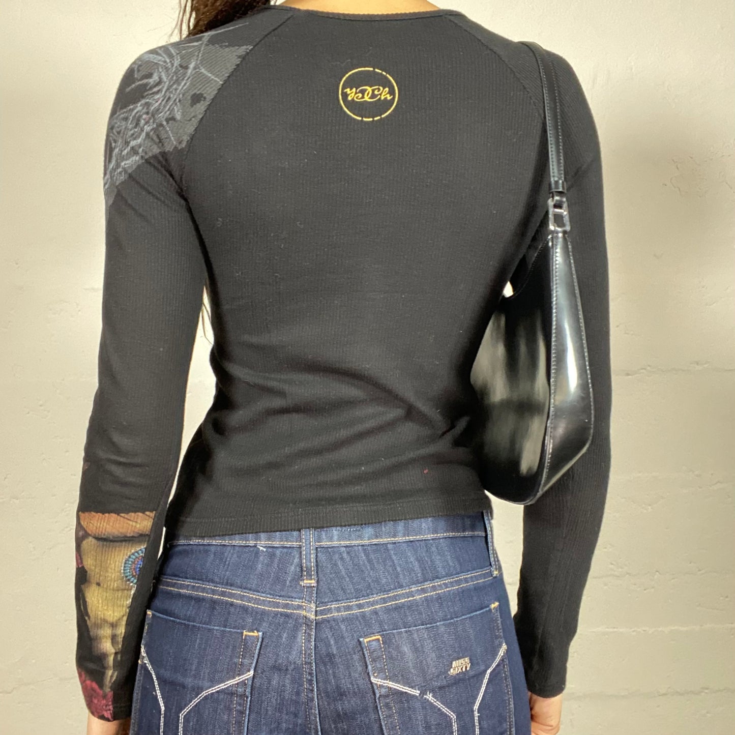 Vintage 2000's Downtown Girl Black Longsleeve Top with Pirate Tattoo Print (S)
