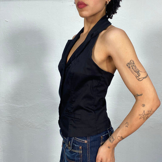 Vintage 2000's Model Off Duty Black Collared Vest Top (M)