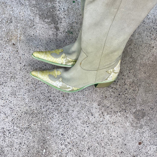 Vintage 2000's Funky Green Suede and Snake Leather Cowboy Boots (38)