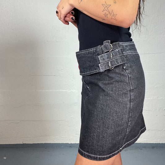Vintage 2000's Elite Cyber Grey Washed Denim Midi Skirt with Red Embroidered Logo and Side Belt Detail (M)