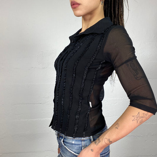 Vintage 2000's Corpcore Black Longsleeve Button Up See Through Shirt with Frilled Detail (S)