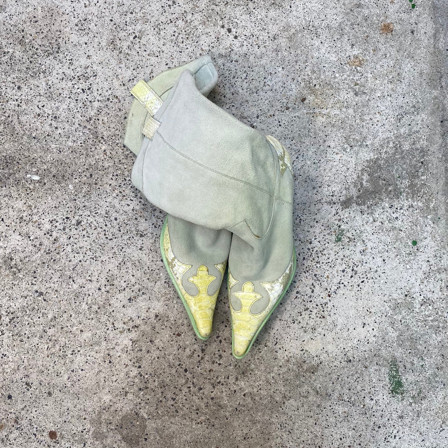 Vintage 2000's Funky Green Suede and Snake Leather Cowboy Boots (38)
