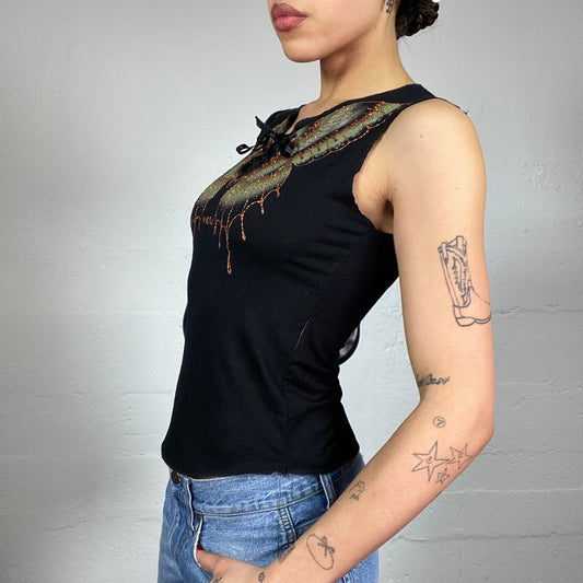 Vintage 2000's Downtown Girl Black Top with Glitter Butterfly Print Detail (S)