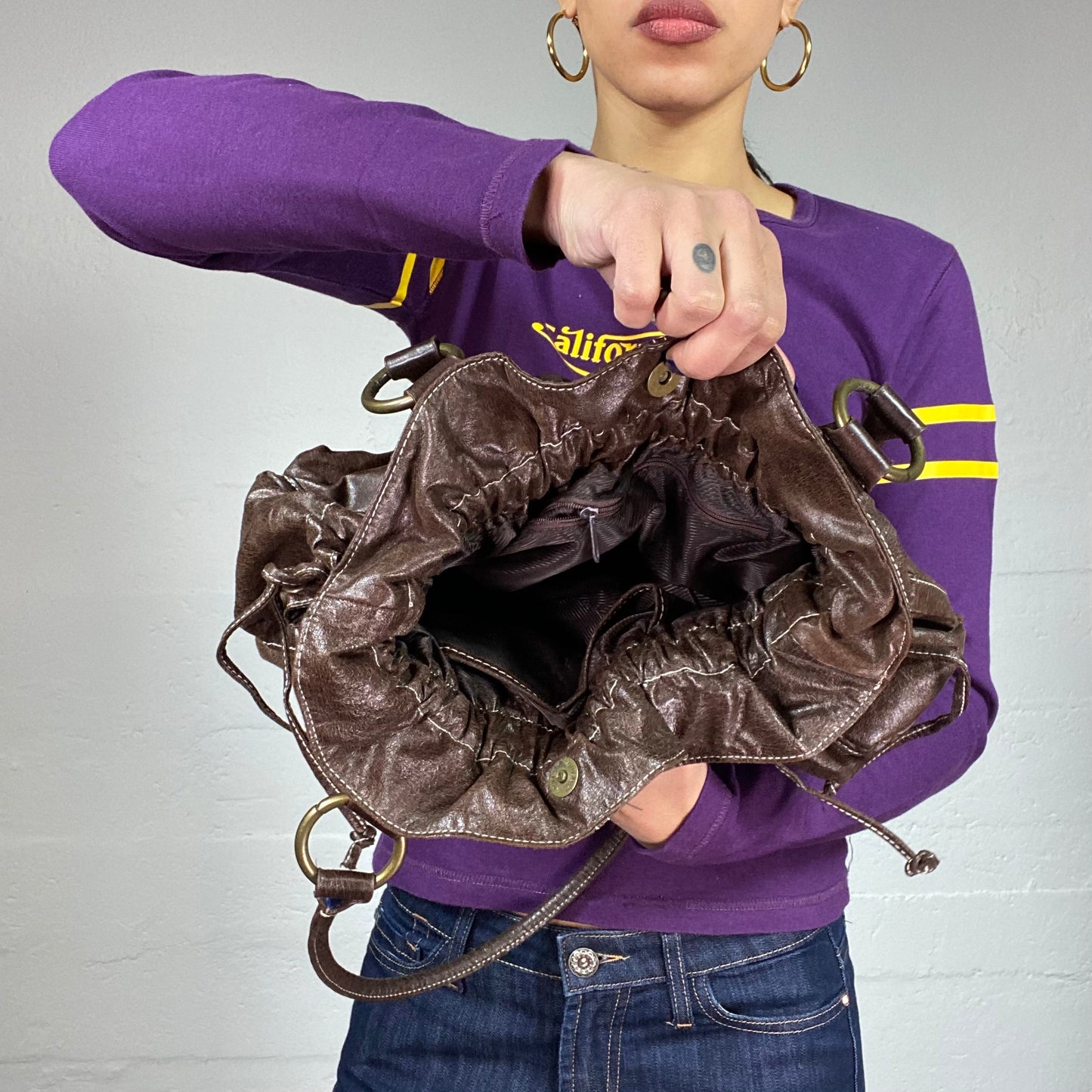 Vintage 2000's Brown Leather Shoulder Bag with Ruched Detail