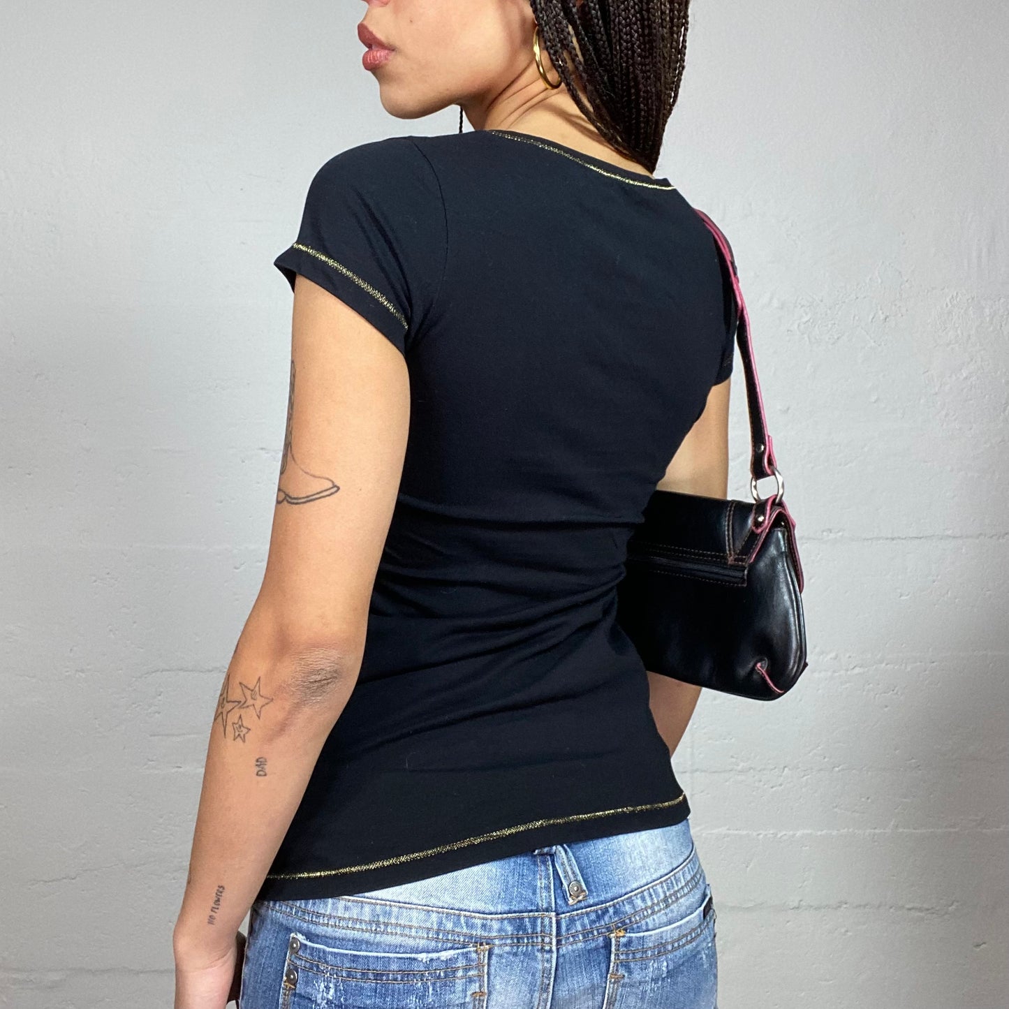 Vintage 2000's Sleaze Black Top with Idefix Heart Shaped Print (S/M)