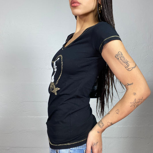 Vintage 2000's Sleaze Black Top with Idefix Heart Shaped Print (S/M)