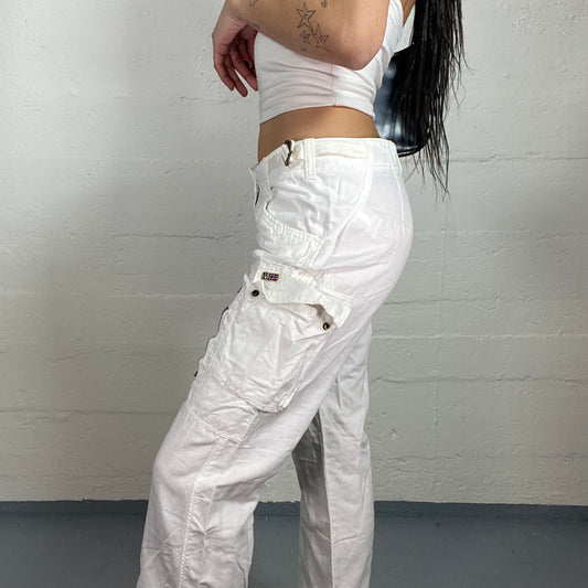 Vintage 2000's Napapijiri Cyber White Low Waist Cargo Pants with Zips & Pockets Detail (S)