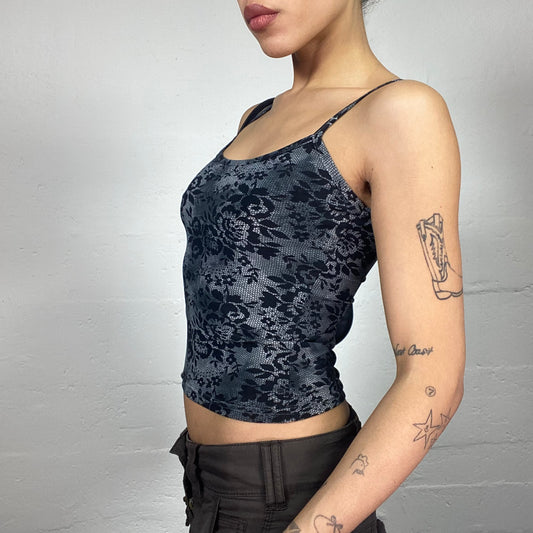 Vintage 2000's Vamp Goth Grey Top with Black Floral Print Decoration (S)