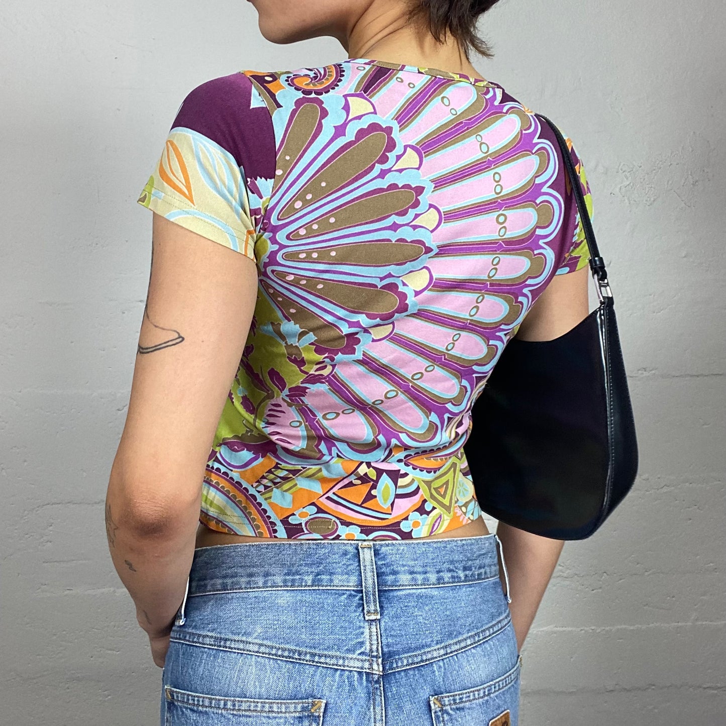 Vintage 2000's Funky Multicolour Crop Top with Maxi Wavy Floral Print (S)