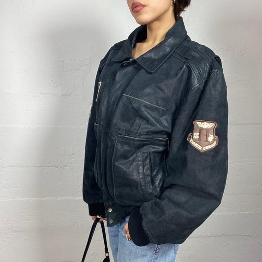 Vintage 2000's Oversized Aviator Short Leather Jacket with Patches Detail (XL)