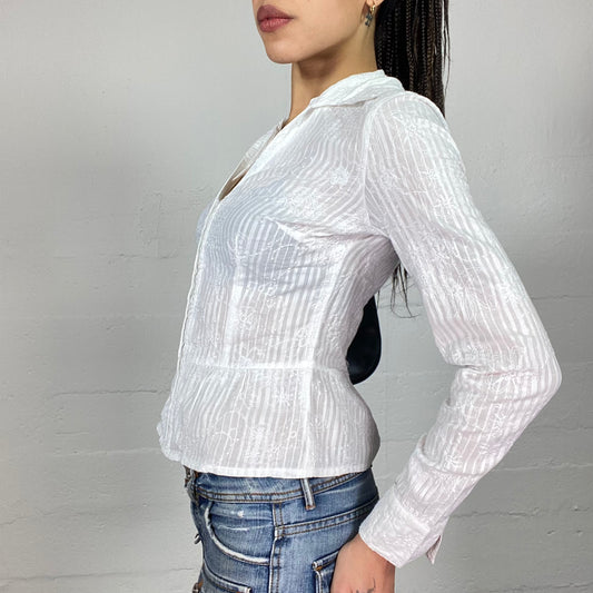 Vintage 2000's Corpcore White Longsleeve Zip Up See Through Shirt with Floral Embroidery Detail (S)