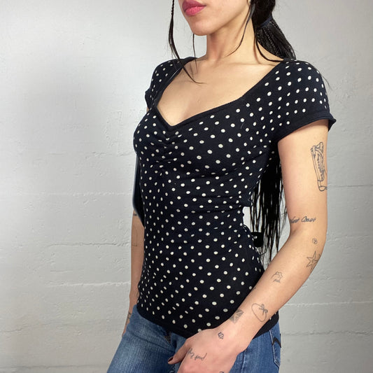 Vintage 2000's Sleaze Black Top with White Polkadots Print Covering (S)