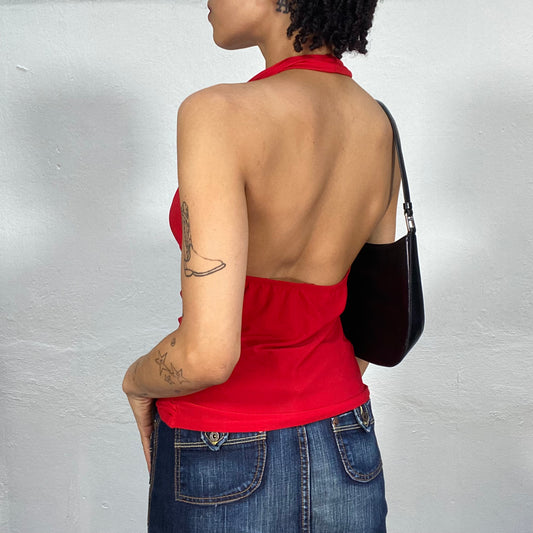 Vintage 2000's Clubwear Red Halter Neck Top With Rhinestone Front Detail (S/M)
