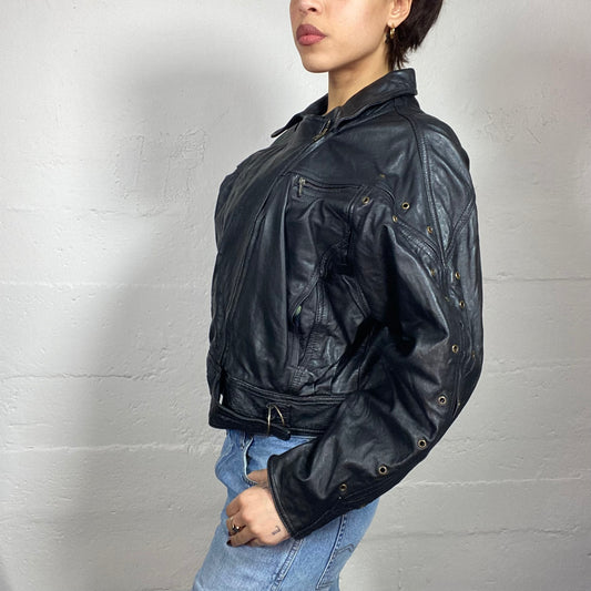 Vintage 2000's Downtown Girl Black Short Leather Oversized Zip Up Biker Jacket (XL)
