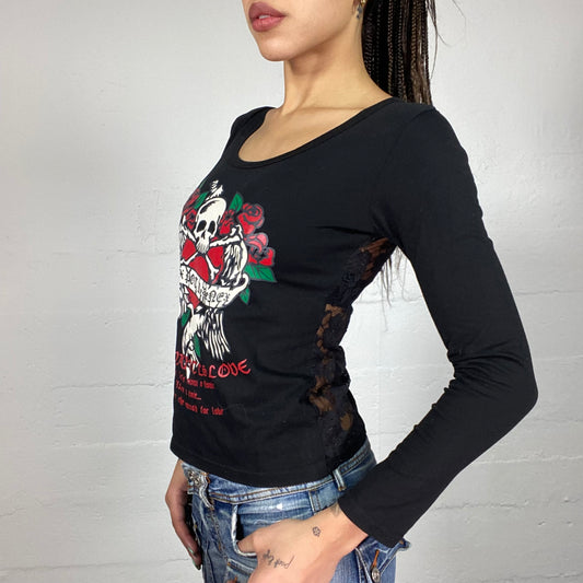 Vintage 2000's Ed Hardy inspired Rave Black Longsleeve Top with Roses and Skull Tattoo Print (S)