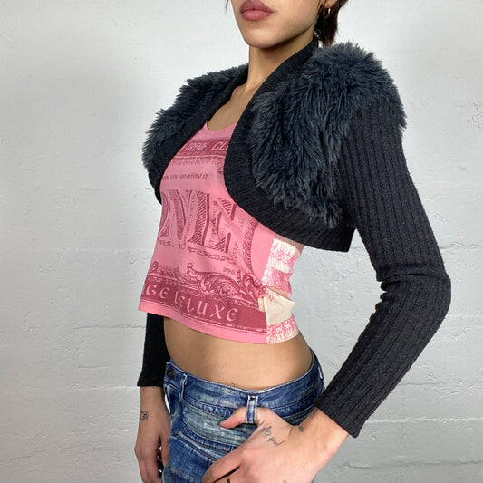 Vintage 2000's Ballet Grey Maille Bolero Cardigan with Faux Fur Covering Detail (M)