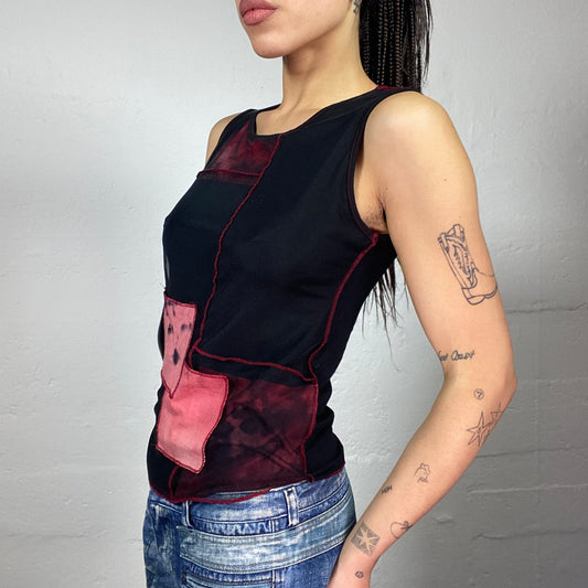 Vintage 2000's Hippie Black Top with Red Tie Dye Print Patches Detail (S)
