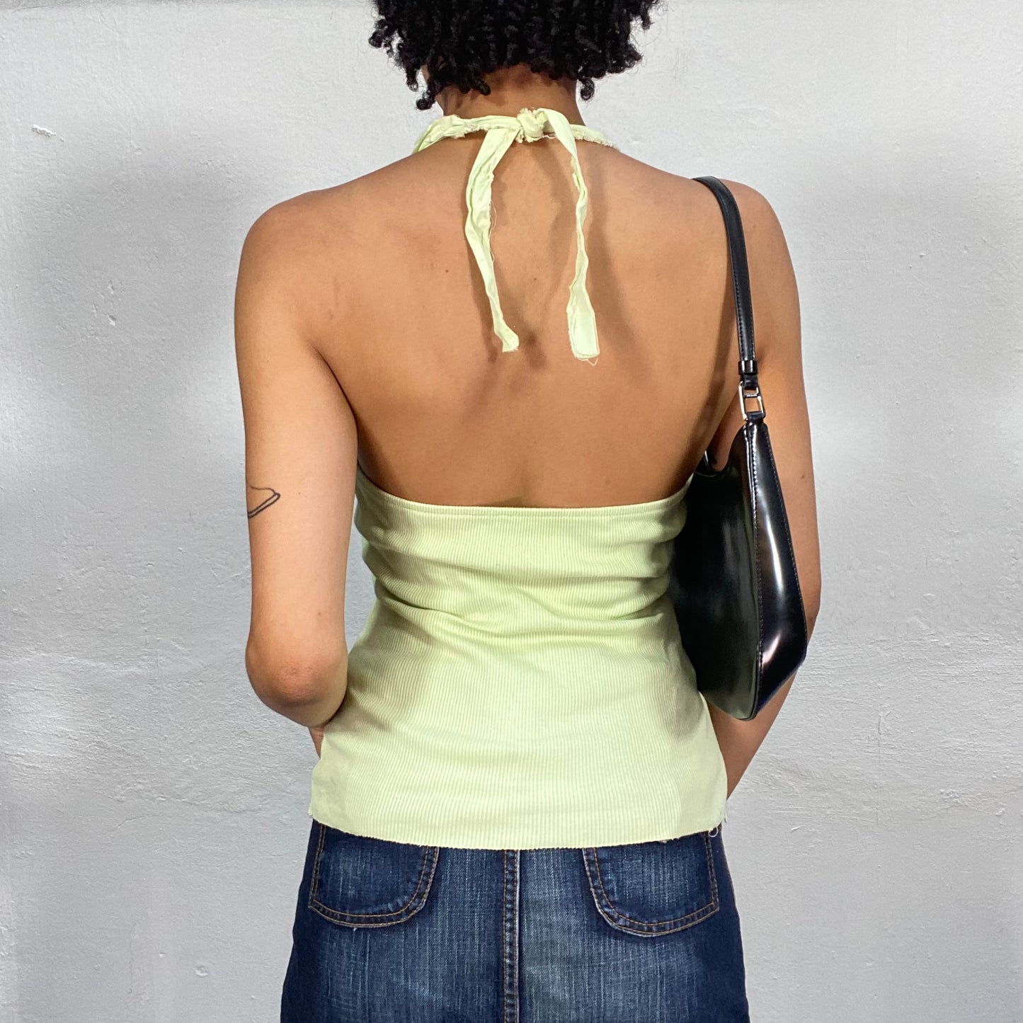 Vintage 2000's Grunge Lime Green Raw Hem Halter Neck Top with Pocket Details (S)