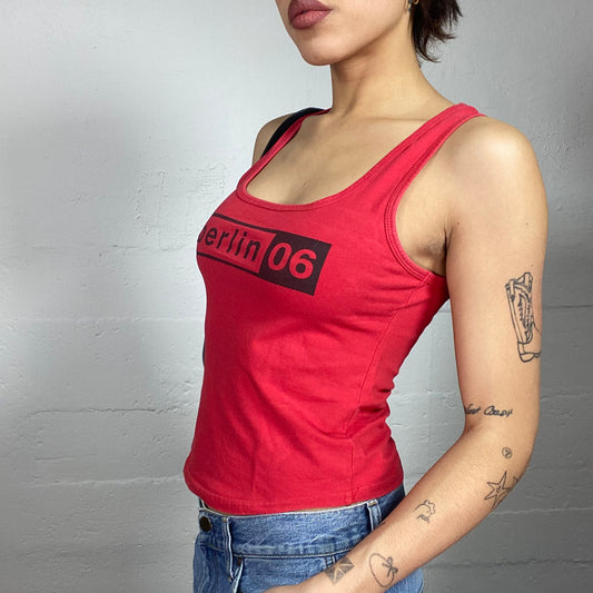 Vintage 2000's Downtown Girl Red Top with Black "berlin 06" Chest Print (S)