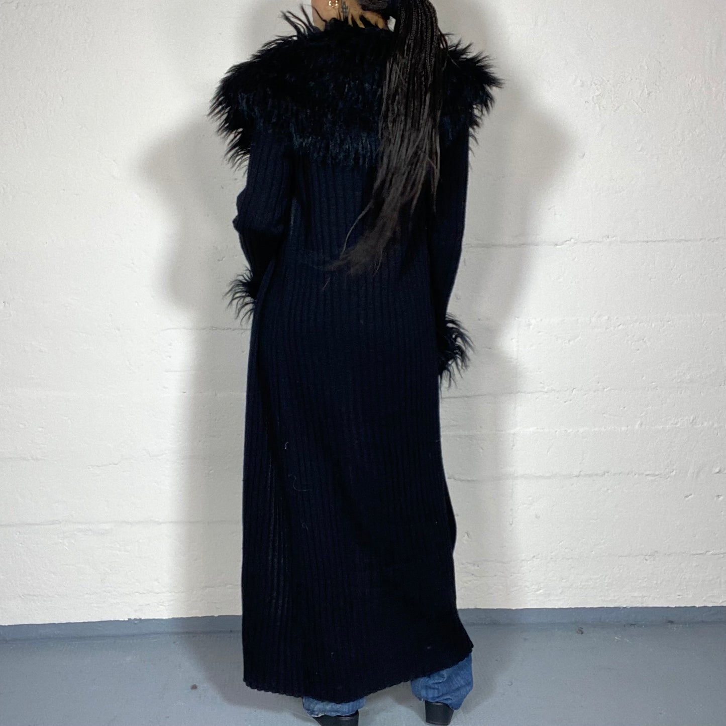 Vintage 2000's Bratz Black Long Coat with Deep Black Faux Fur Trims (S/M)