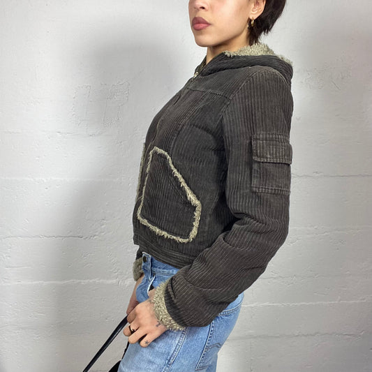 Vintage 90's Fairy Khaki Short Zip Up Corduroy Jacket with Fluffy Trims Detail (S)