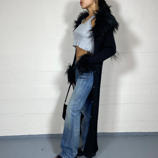 Vintage 2000's Bratz Black Long Coat with Deep Black Faux Fur Trims (S/M)