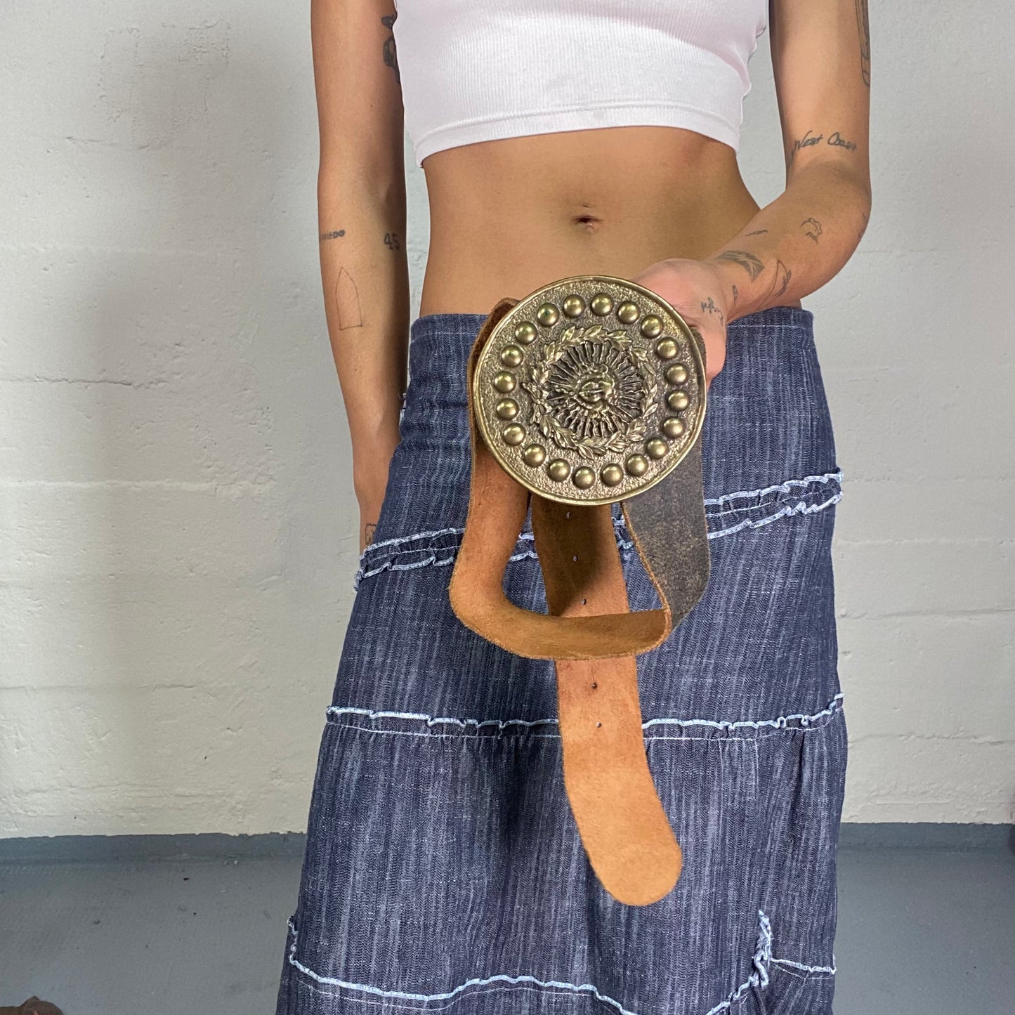 Vintage 2000's Cow-Girl Brown Faux Leather Belt with Gold Medusa Buckle