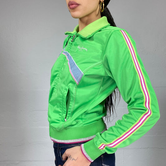 Vintage 90's Pepe Jeans Sporty Neon Green Racers Jacket with Decorative Grey Trim (S)