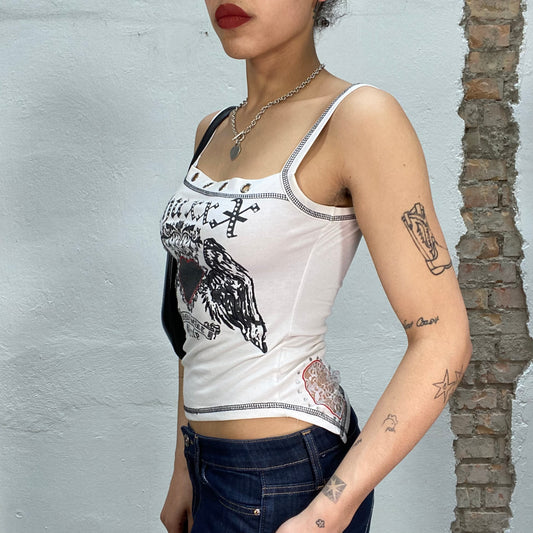 Vintage 90's Gothic White Top with Eyelets Details and Winged Heart Print (S/M)