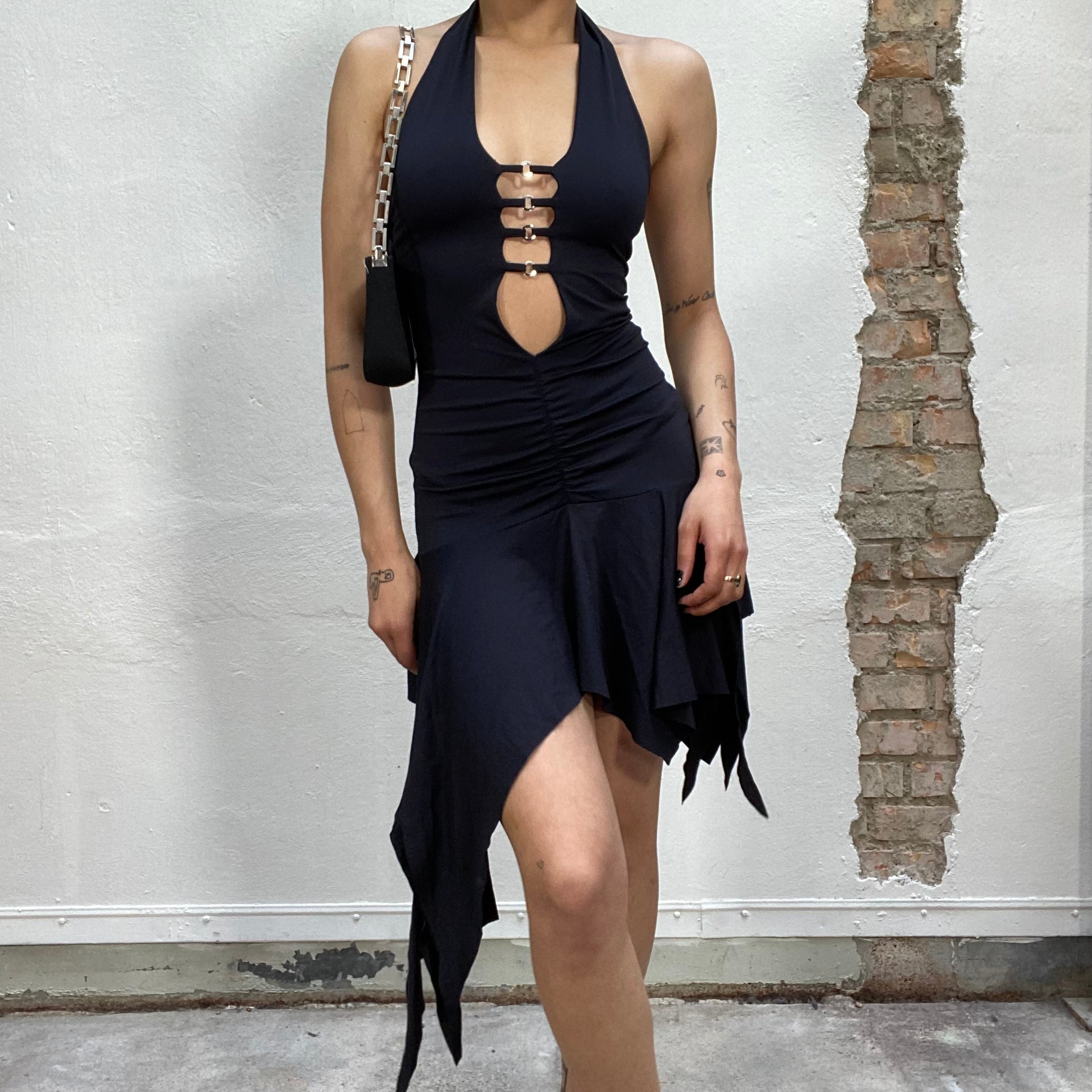 Vintage 2000's Fairy Sleaze Black Halter Neck Backless Dress (S
