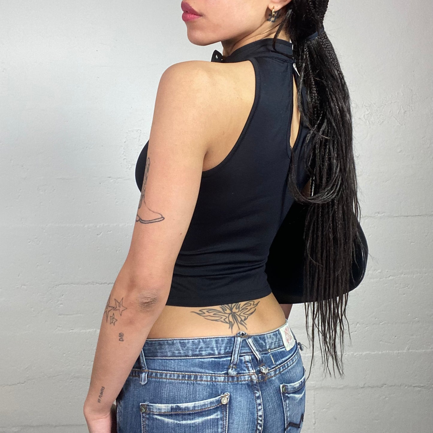 Vintage 2000's Indie Sleaze Black Top with Belt Highneck with Silver Big Buckle Detail (S)