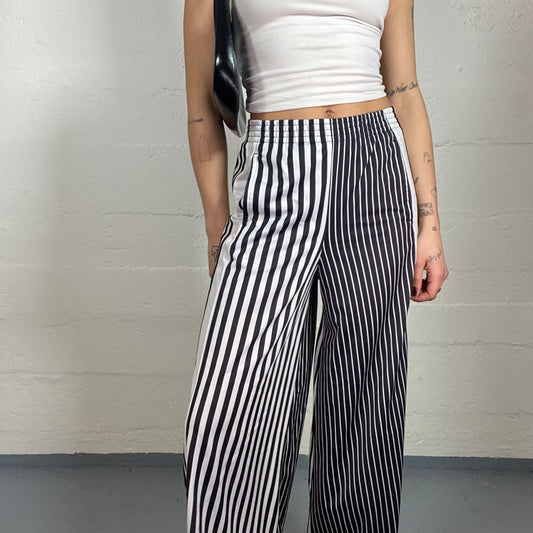 Vintage 2000's Adidas Boho White & Navy Blue High Waist Loose Pants with Stripes Print (XS)