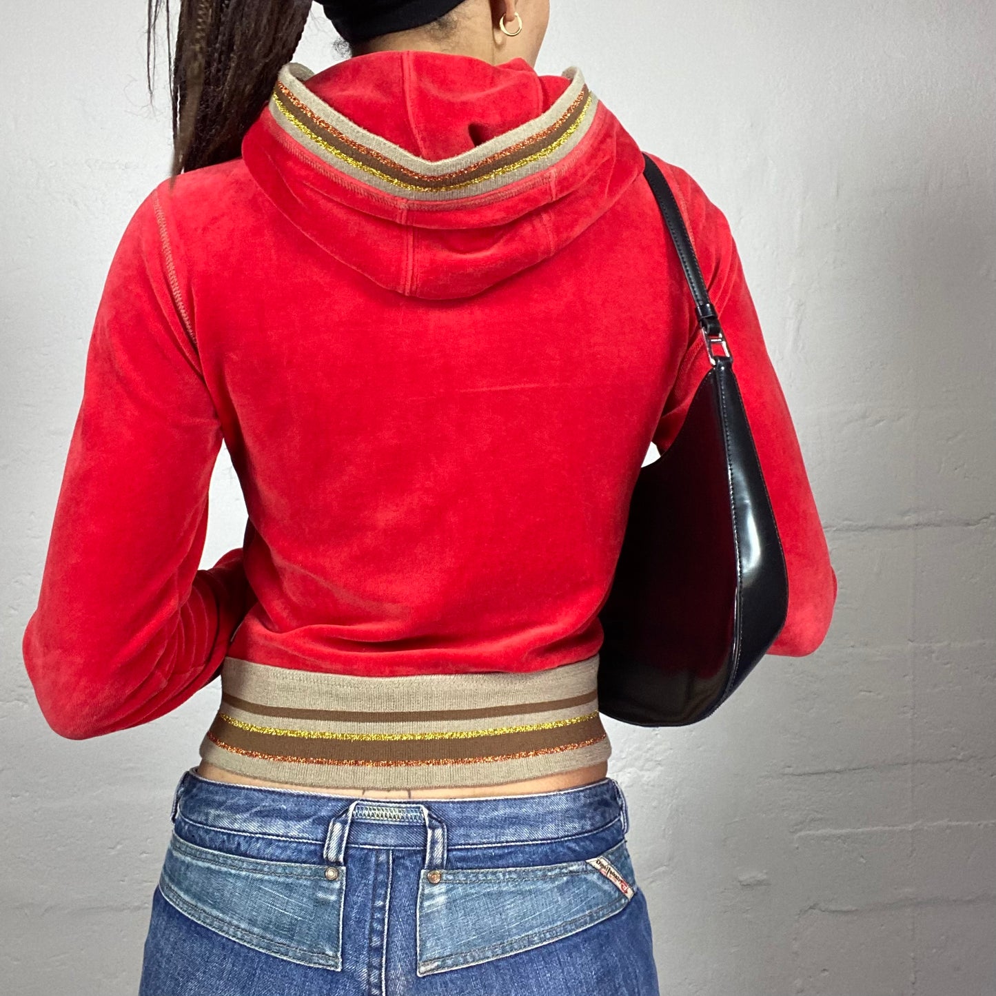 Vintage 2000's London Pepe Jeans Sporty Red Velvet Zip Up Jacket with Glitter Stripes Detail (S/M)