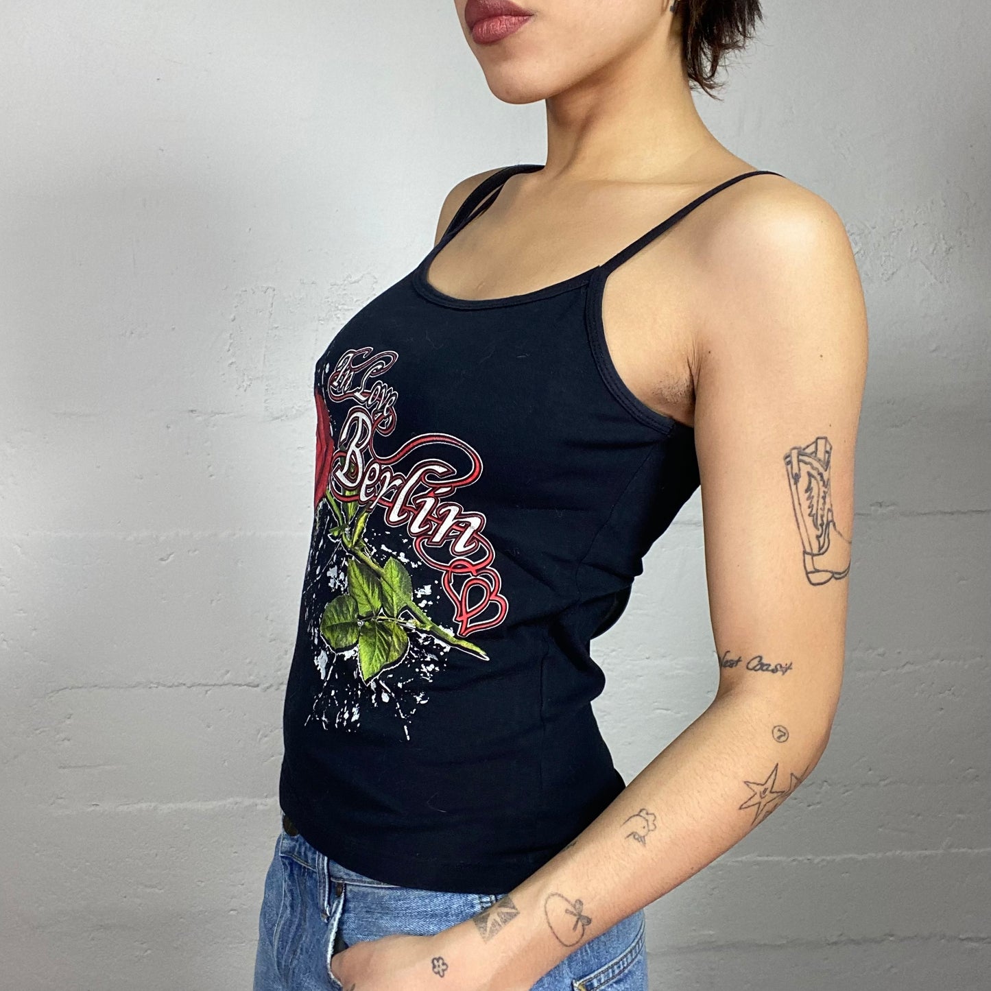 Vintage 2000's Downtown Girl Black Top with Red Rose "In Love Berlin" Print (S)