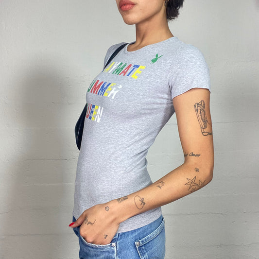 Vintage 2000's Playboy Archive Grey Top with "Playmate Summer Queen" Colored Print (S)