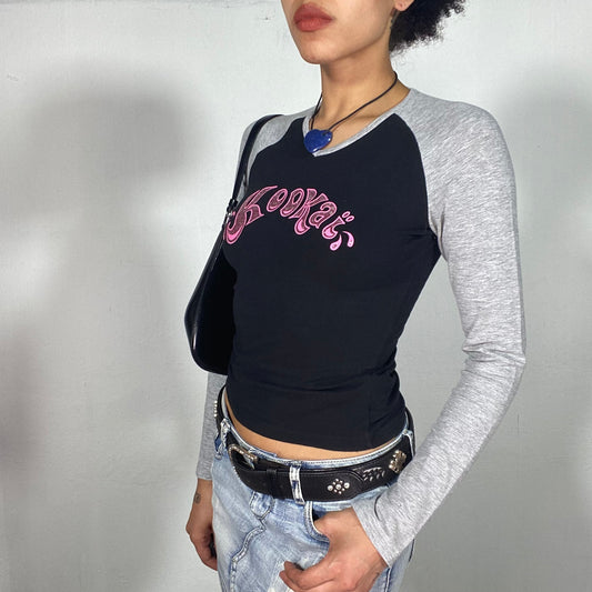 Vintage 2000's Skater Black and Grey Raglan Longsleeve with Pink 'Kookai' Print (S)