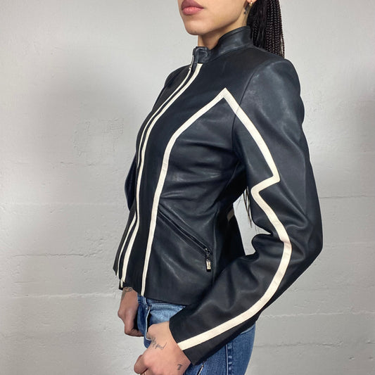 Vintage 2000's Sporty Black Short Racers Jacket with White Sleeve Trims Detail (S)