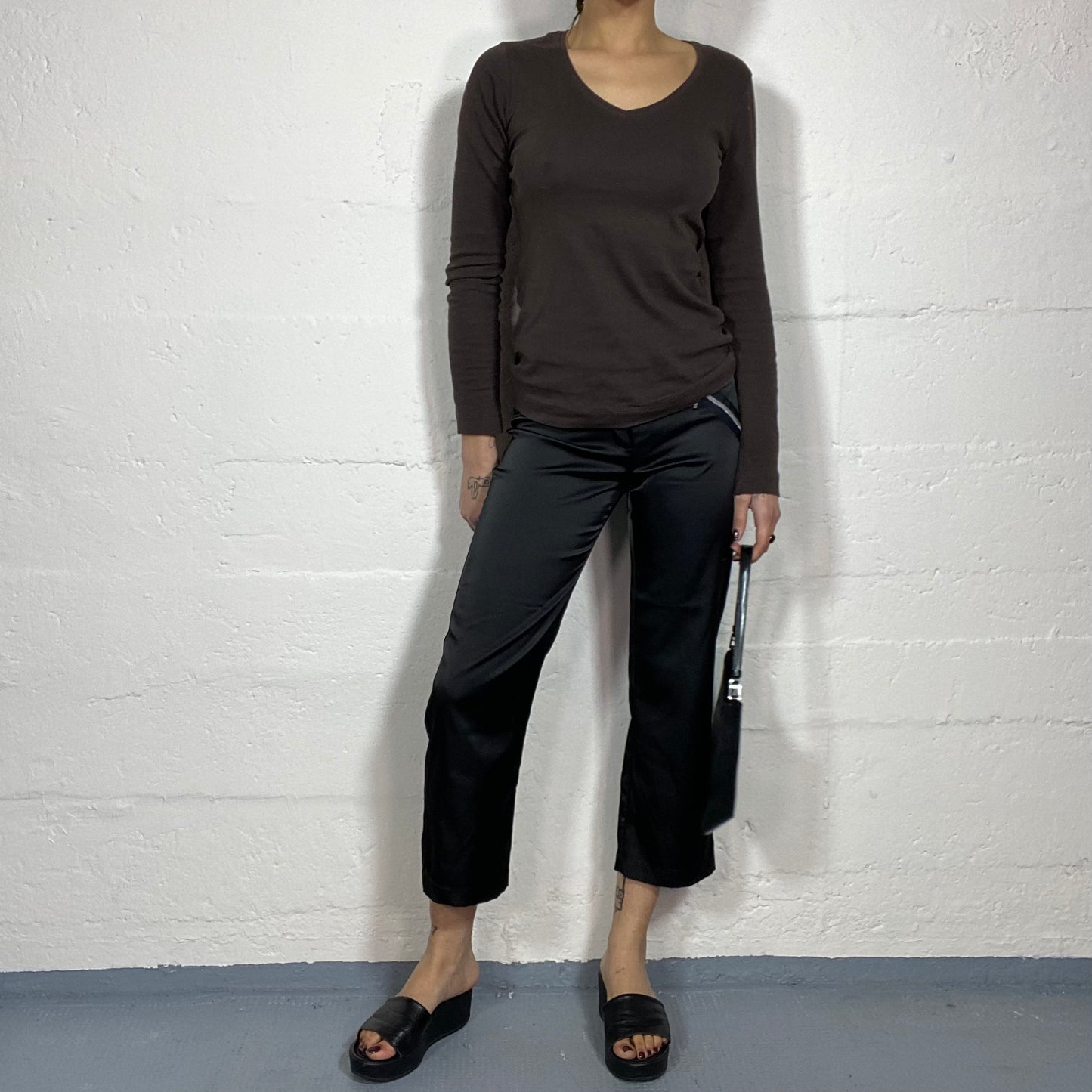 Vintage 2000's Sleaze Black Satined Capri Pants with Zips Detail (S)