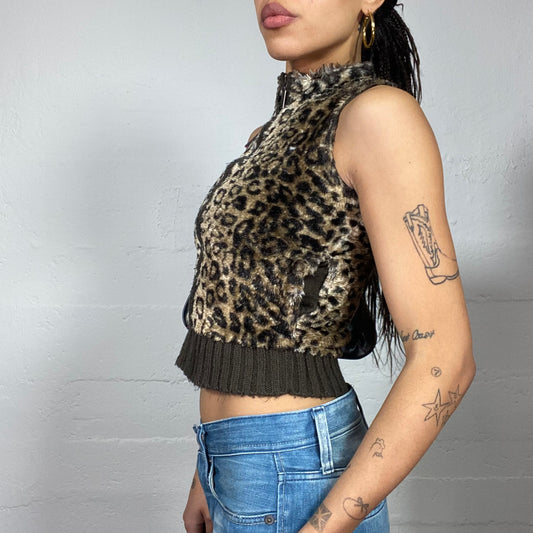 Vintage 2000's Bratz Faux Fur Brown Vest with Leopard Print (S)