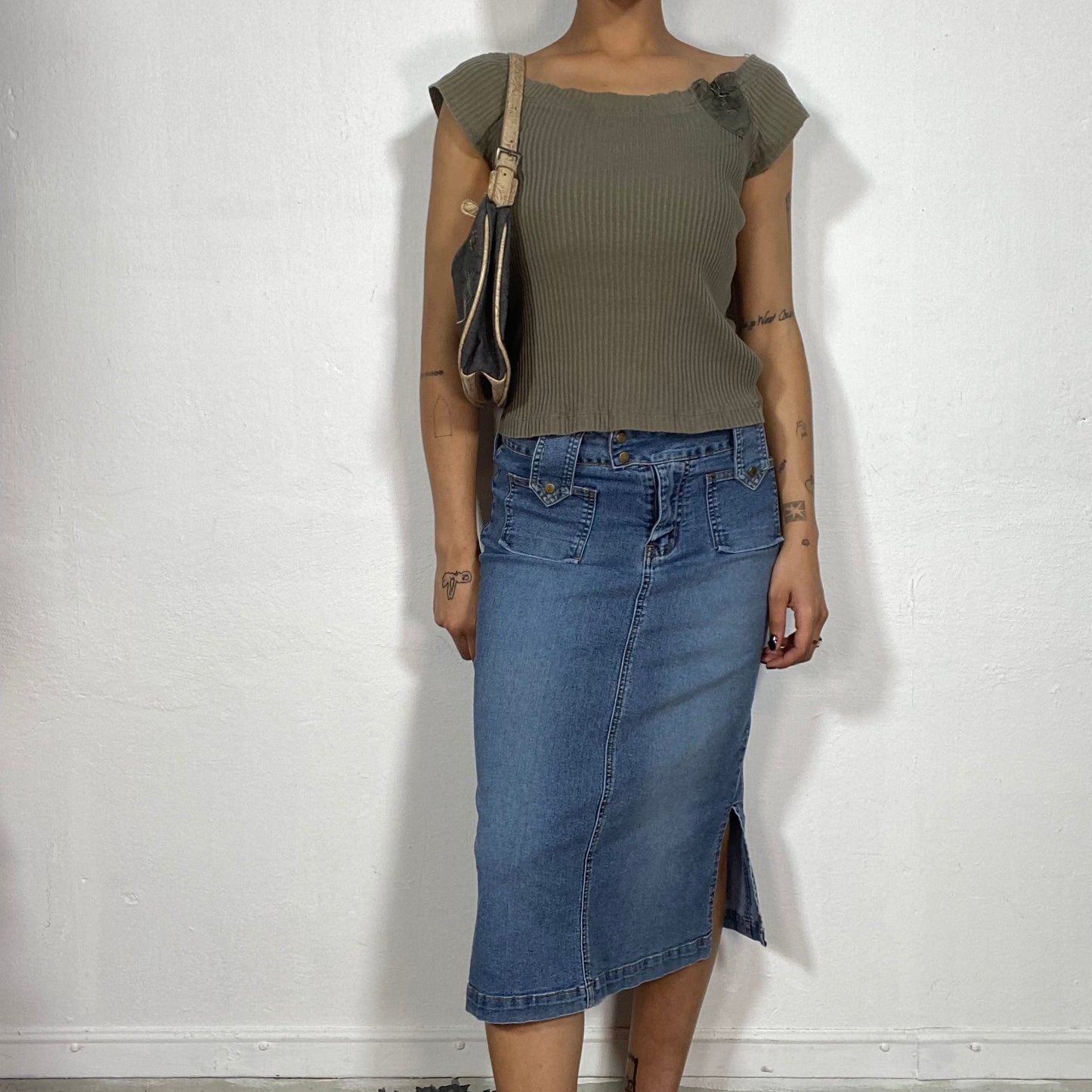 Vintage 2000's Downtown Girl Denim Pencil Midi Skirt (S/M)