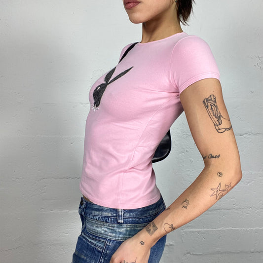 Vintage 2000's Playboy Downtown Girl Pink Top with Strass Brand Logo Print (M)