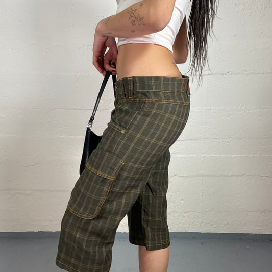 Vintage 2000's Cyber Brown Low Waist Cargo Jorts Pants with Checkered Print and Orange Contrast Seam Detail (S)